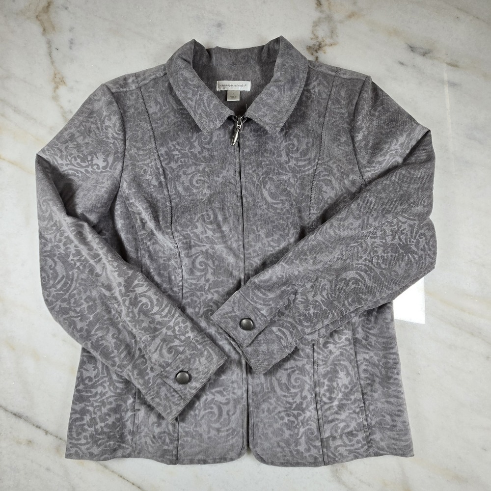 Christopher & Banks Gray Corduroy Damask Floral Print Large Grandmacore Embossed
